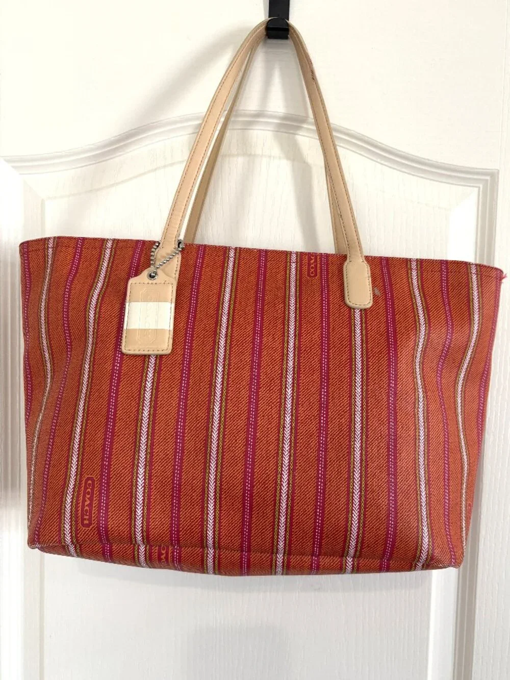 Coach Legacy Weekend Ticking PVC Tote Bag Handbag Pink Lime Orange Stripe 23108